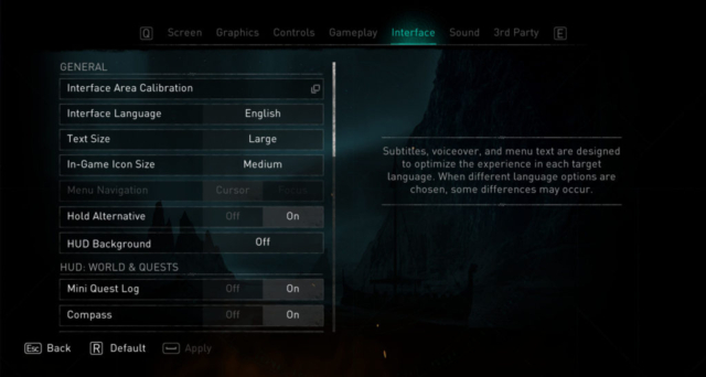 Short previews the Options for Accessibility for Assassin's Creed Valla by Ubisoft. Here we see the interface settings.
