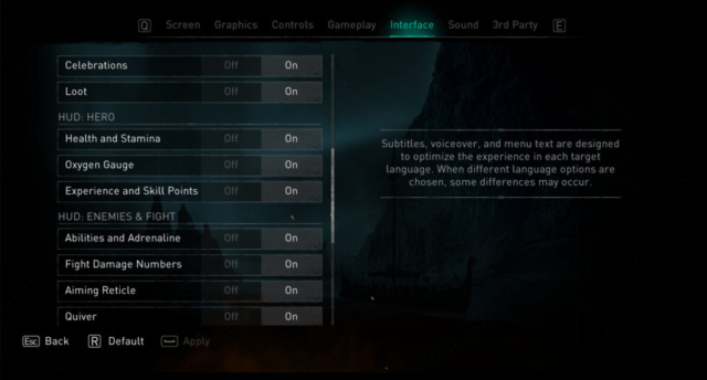 Short previews the Options for Accessibility for Assassin's Creed Valla by Ubisoft. Here we see the interface settings continued.