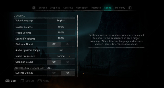 Short previews the Options for Accessibility for Assassin's Creed Valla by Ubisoft. Here we see the sound settings.