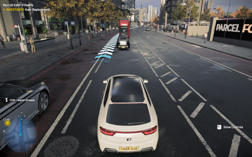 Ubisoft's newest game Watch Dogs: Legion offers accessibility features such as auto drive as seen here with a vehicle driving through traffic on its own.