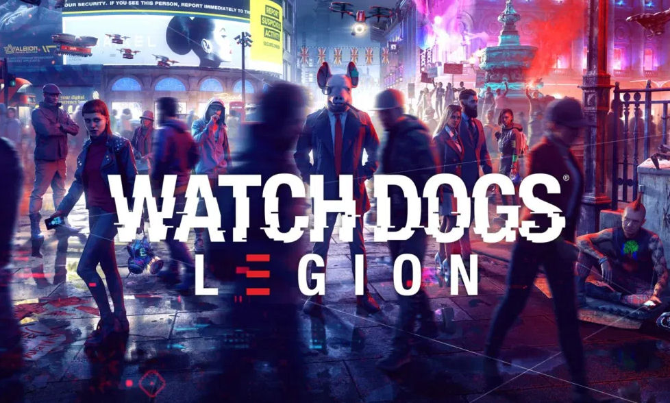 Watch Dogs: Legion logo seen that includes many people walking on a busy street with one person fixed looking toward you while wearing a pig mask. As seen in today's Accessibility First Look.